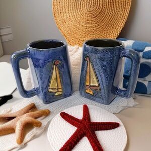 2 Mara Mexico Sailboat Mugs Cups Handmade‎ Pottery Coastal Beach House Nautical